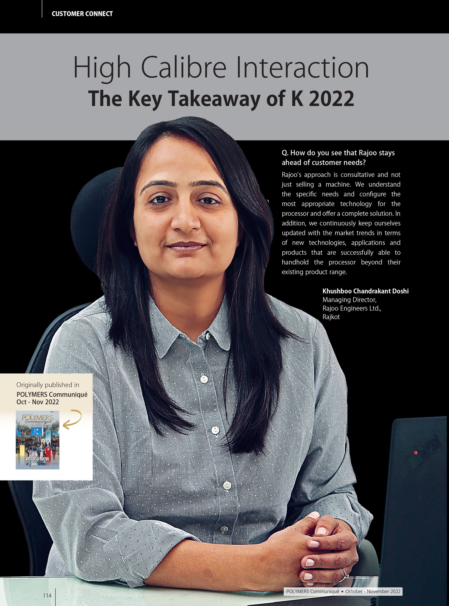 Our most recent and insightful conversation about Rajoo from our managing director, Khushboo Chandrakant Doshi, from K Show 2022.<br />#KShow #KShow2022  #Interaction #InsightfulConversation #RajooEngineers #Rajkot #PlasticMachinery #Machines #PlasticIndustry