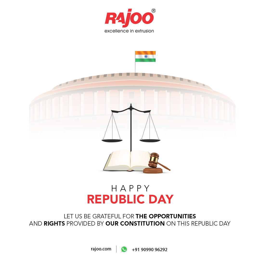 Let us be grateful for the opportunities and rights provided by our Constitution on Republic Day<br /><br />#HappyRepublicDay #RepublicDayofIndia #RepublicDay2023 #74thRepublicDay #RepublicDayWishes #RepublicDayCelebrations #RepublicDay #IndianCelebrations #RajooEngineers #Rajkot #PlasticMachinery #Machines #PlasticIndustry