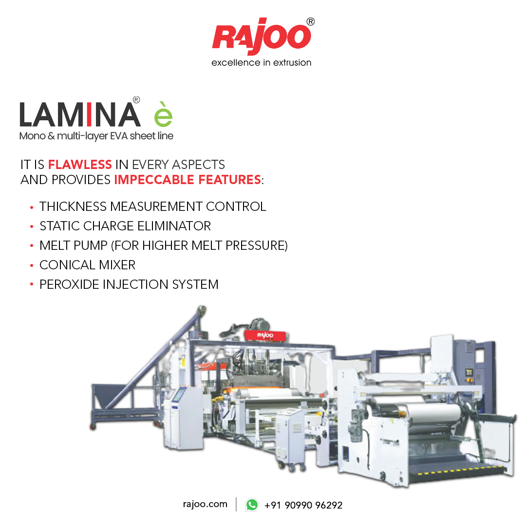 We are presenting a new line of sheet extrusion technology that is indigenous and designed for the utmost ease of operation to produce solar encapsulation film. It comes with features like thickness measurement control, conical mixers, and many more.<br /><br />Visit our website: https://www.rajoo.com/lamina-e.html<br /><br />#LaminaE' #RajooEngineers #Rajkot #PlasticMachinery #Machines #PlasticIndustry