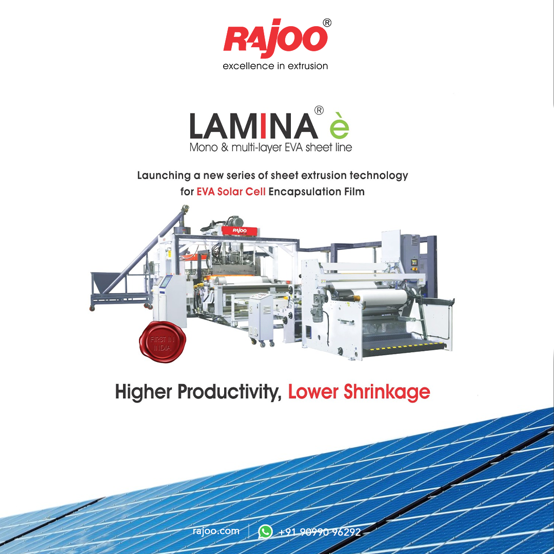 In order to produce solar modules in large quantities, we are introducing a new series of sheet extrusion technology that is created for the utmost simplicity of operation and it offers great output capacity with low energy usage.<br /><br />Visit our website: https://www.rajoo.com/lamina-e.html<br /><br />#LaminaE' #RajooEngineers #Rajkot #PlasticMachinery #Machines #PlasticIndustry