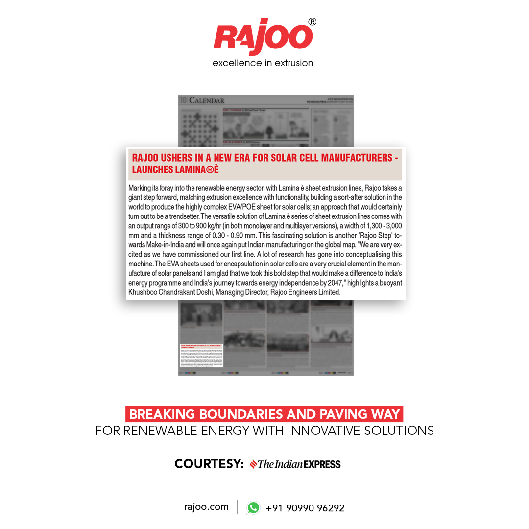 In a recent talk with Indian express we have announced that we have developed an innovative technology called Lamina-E for the production of solar cell encapsulation film. This technology is set to revolutionize extrusion technology and improve the efficiency and sustainability of EVA solar module production. The technology uses cost-effective sheet extrusion, making it more accessible and affordable for renewable energy companies.<br /><br />Visit our website: https://www.rajoo.com/lamina-e.html<br /><br />#LaminaE' #SolarCell #Encapsulation #RajooEngineers #Rajkot #PlasticMachinery #Machines #PlasticIndustry