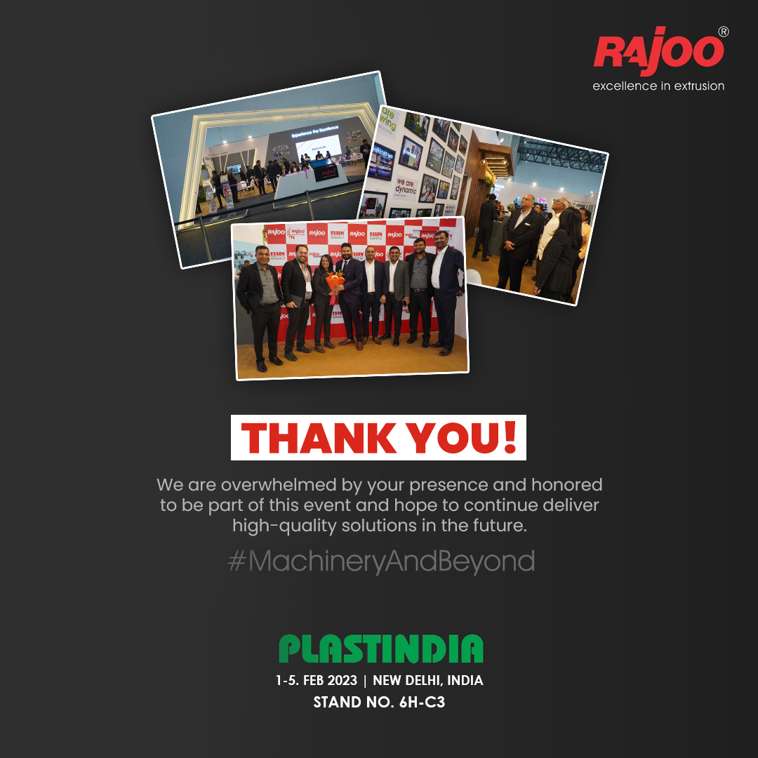 We are grateful for the opportunity and thankful to all the visitors and clients for their presence. The event provided us a valuable learning experience and allowed us to explore advancements in extrusion technology. This exhibition has given us a platform to revolutionize the technology and enhance our knowledge and skills in this field.<br /><br />#PlastIndia #ThanksForSupport #RajooAtPlastIndia #PlasticExhibition #MachineryAndBeyond #Growth #Plastics #Engineering #IndustrialMachines #PragatiMaidan #NewDelhi #India #Plastics #Exhibition #Manufacturing #Packaging #CountDown #RajooEngineers