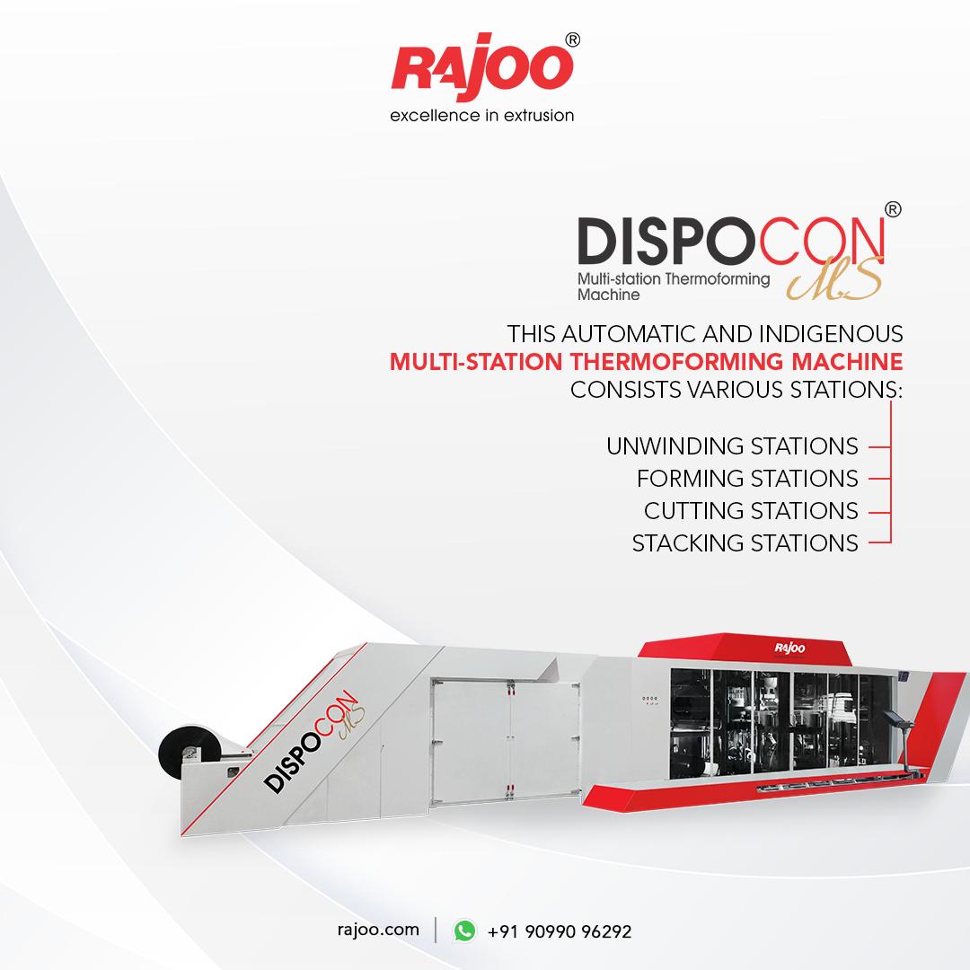 Dispocon-MS is a highly versatile and automatic multi-station thermoforming machine which is designed to produce outstanding output. It is equipped with cutting-edge features and it includes unwinding, forming, cutting, and stacking stations. This indigenous machine is capable of delivering high-quality results and is ideal for a variety of thermoforming applications.<br /><br />For more information,<br />Visit our website,<br />https://www.rajoo.com/<br /><br />#RajooEngineers #DispoconMS #Thermoforming #Rajkot #PlasticMachinery #Machines #PlasticIndustry