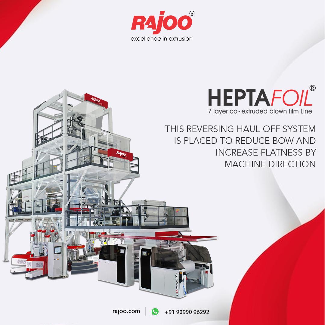 HEPTAFOIL, our innovative blown film line, demonstrates its cutting-edge capabilities. It decreases bow and boosts flatness in the machine direction with a novel reversing haul-off mechanism, assuring excellent quality and precision in 7-layer co-extruded film production. With HEPTAFOIL, you may achieve new levels of performance and efficiency.<br /><br />#RajooEngineers #Rajkot #PlasticMachinery #Machines #PlasticIndustry #PlasticSheet #PlasticFilm #FoamedSheet #EfficiencyMatters #ProductivityBoost