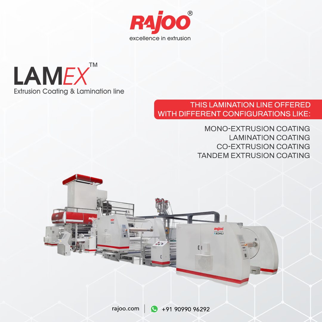 The LAMEX lamination line offers various configurations including Mono-Extrusion Coating, Lamination Coating, Co-Extrusion Coating, and Tandem Extrusion Coating, providing versatile options for different lamination needs.<br /><br /><br /><br />Dor more information<br /><br />Visit our website,<br /><br />https://www.rajoo.com/lamex.html<br /><br /><br /><br />#Lamex #ExtrusionCoating #LaminationLine #RajooEngineers #Rajkot #PlasticMachinery #Machines #PlasticIndustry