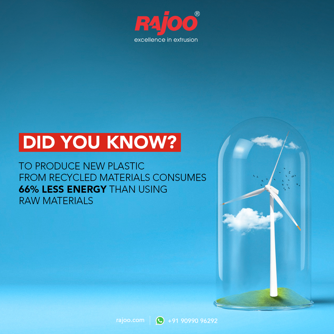 Using recycled materials to produce new plastic requires less energy than using raw materials. In fact, this method consumes 66% less energy, making it a much more sustainable and eco-friendly.<br /><br />#DidYouKnow #Energy #Saving #Rawmaterials #Sustainable #Future #Plastic #RajooEngineers #Rajkot #PlasticMachinery #PlasticIndustry #Machines