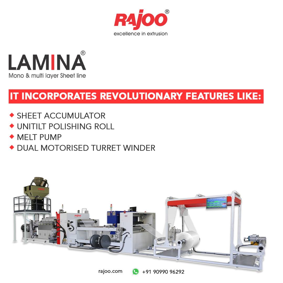 Rajoo's cutting-edge technology revolutionizes machine output with features like a sheet accumulator, Unitilt polishing roll, melt pump, and dual motorized turret winder, delivering unmatched performance and efficiency for enhanced productivity.<br /><br />For more information,<br />Visit our website,<br />https://www.rajoo.com/lamina.html<br /><br />#Lamina #RajooEngineers #Rajkot #PlasticMachinery #Machines #PlasticIndustry