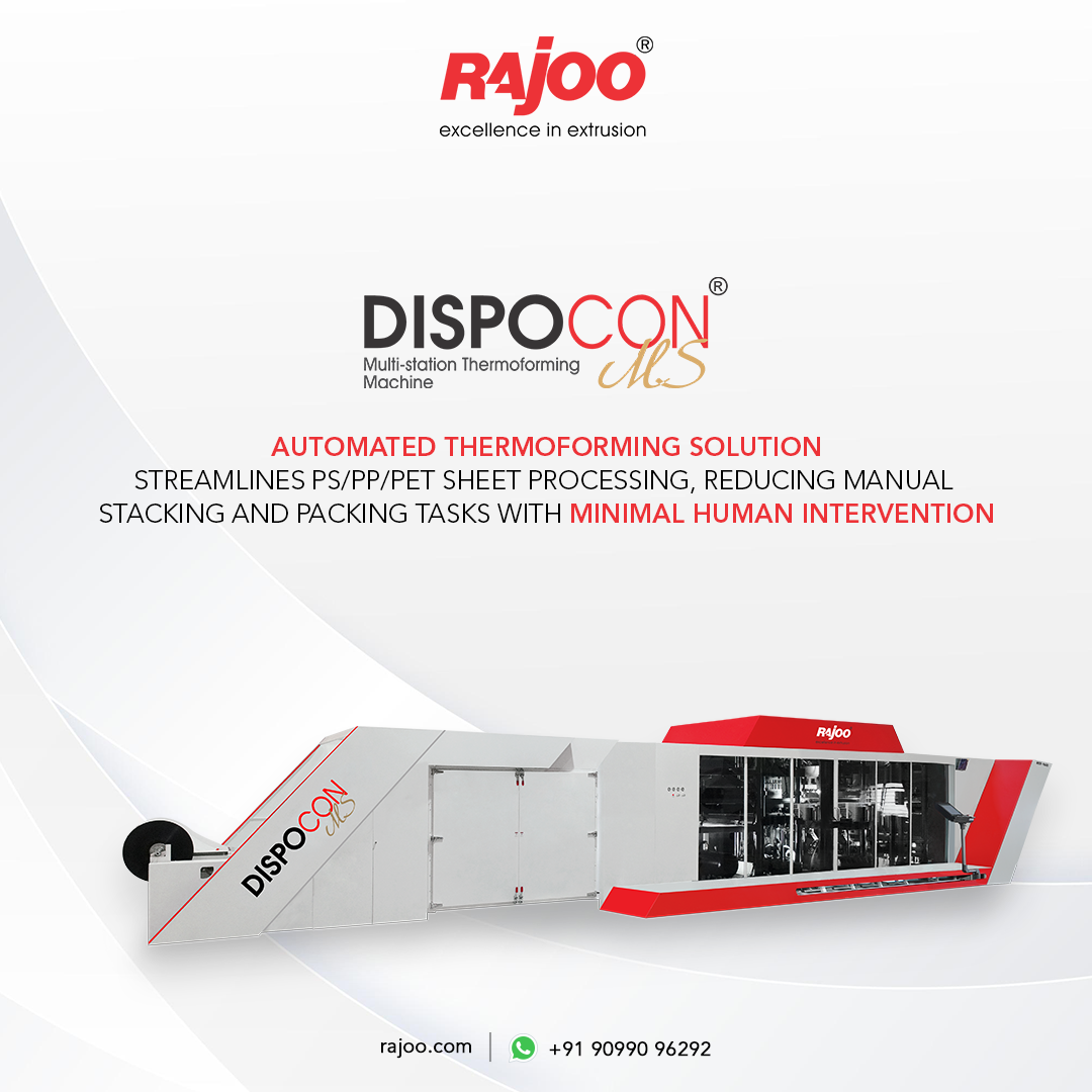 This automated solution streamlines PS/PP/PET sheet processing by reducing manual stacking and packing tasks with minimal human intervention. It provides an efficient and effective way to transform sheets into finished products, saving time and resources.<br /><br />For more information,<br />Visit our website:<br />https://www.rajoo.com/dispocon_ms.html<br /><br />#RajooEngineers #Automated #Thermoforming #Human #Intervention #Rajkot #PlasticMachinery #Machines #PlasticIndustry