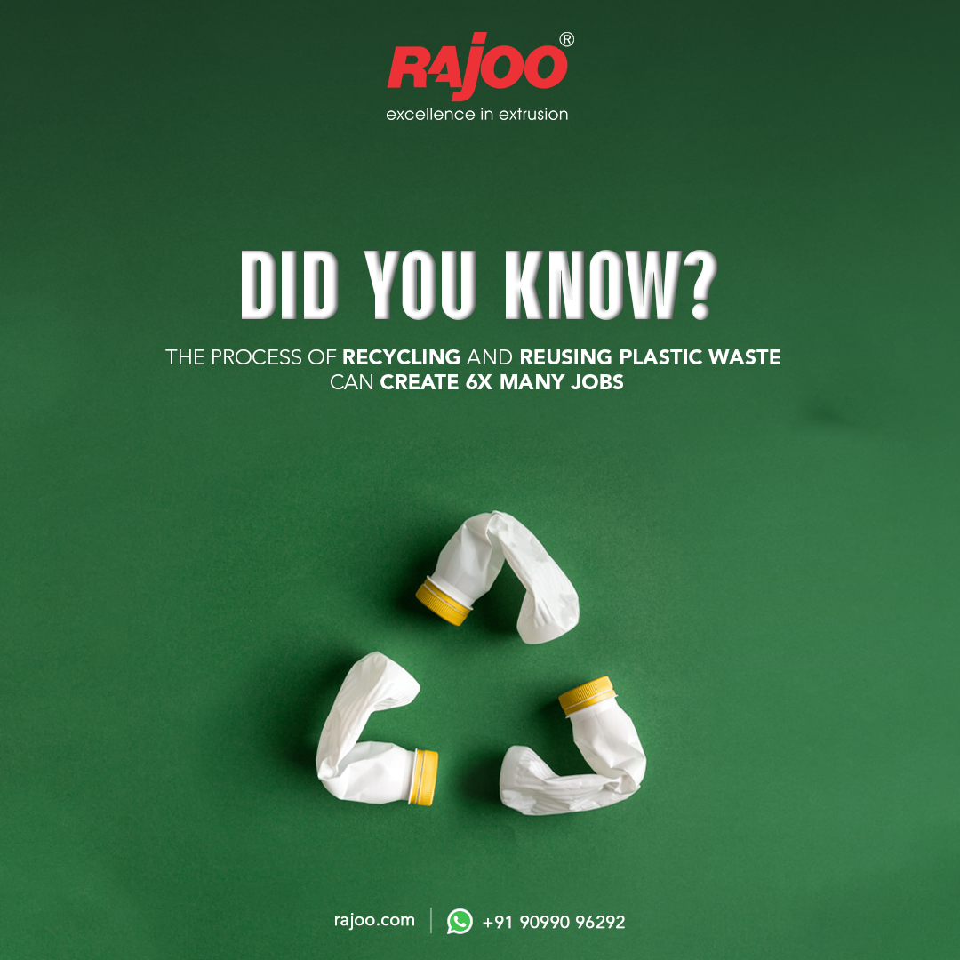 Recycling and reusing plastic waste can generate six times more jobs than disposing of it in landfills or incinerating it. This creates employment opportunities while reducing the negative environmental impact of plastic waste.<br /><br />#DidYouKnow #Recycle #Jobs #Energy #Electricity #SaveWater #Sustainable #Future #Plastic #RajooEngineers #Rajkot #PlasticMachinery #PlasticIndustry #Machines