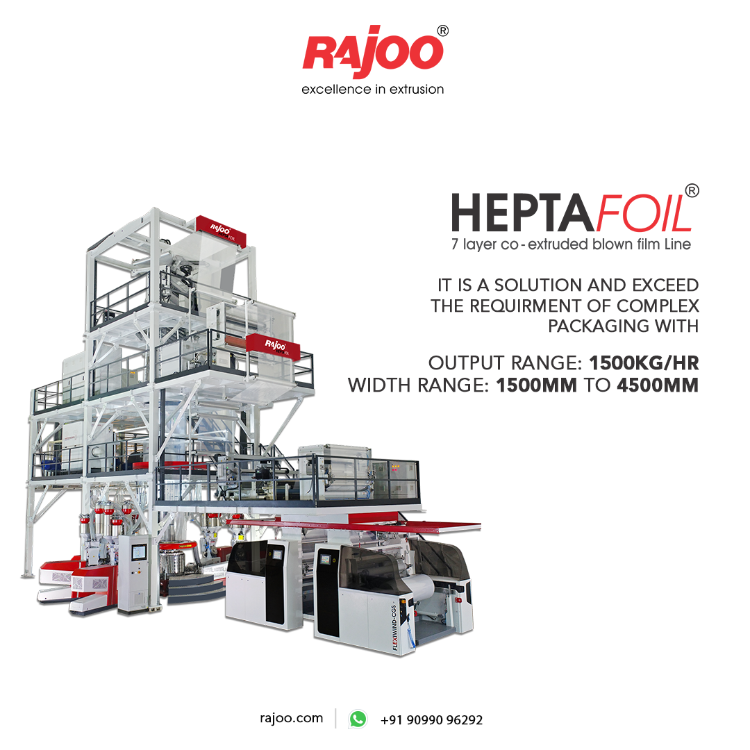 The energy-efficient Heptafoil machine serves the majority of the industry's essential packaging requirements. It is even used to make both barrier films and non-barrier films, with a maximum production of 1500 kg/hour and lay-flat widths varying from 1500mm to 4500mm.<br /><br />#RajooEngineers #Heptafoil #Complexackaging #Rajkot #PlasticMachinery #Machines #PlasticIndustry