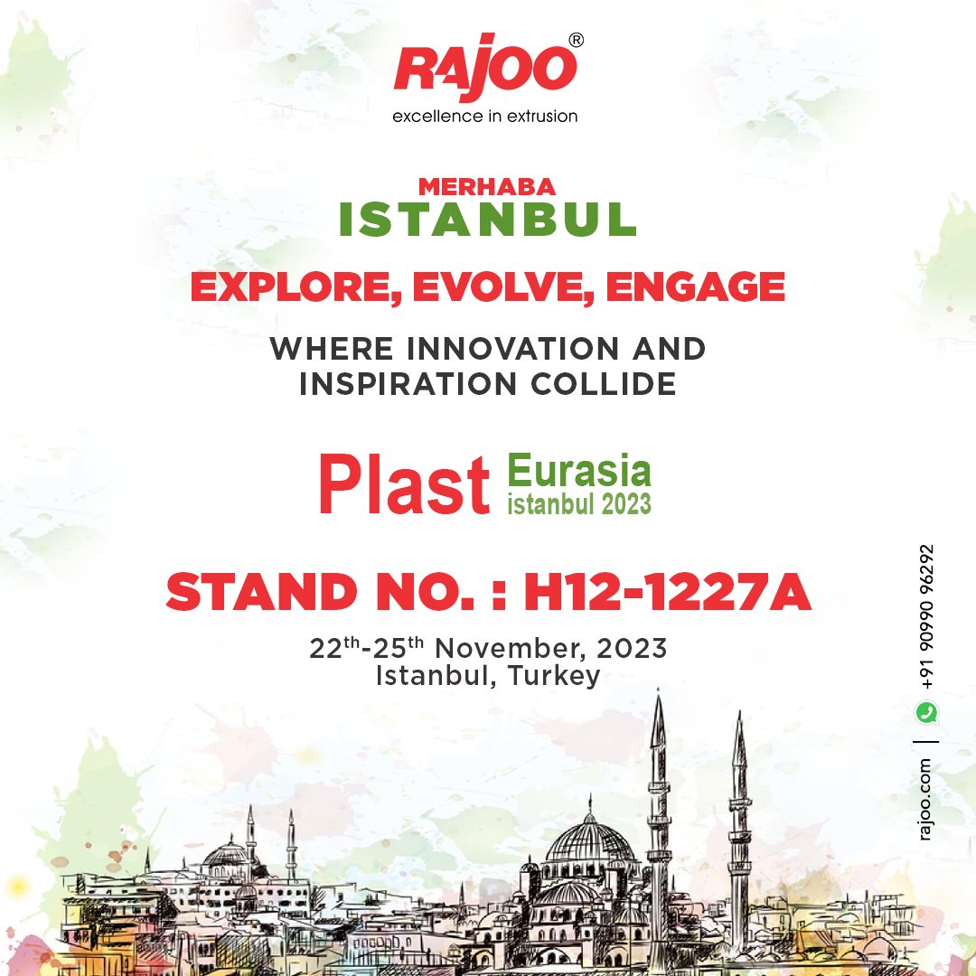 Step into the future at the Plast Eurasia Expo, where innovation and inspiration collide! Explore cutting-edge technologies, evolve your industry knowledge, and engage with visionaries who are shaping the world of plastics.<br /><br />Don't miss the epicenter of progress in plastics!<br /><br />22nd-25th November, 2023<br />Stand no: H12-1227A<br />Istanbul, Turkey<br /><br />#PlastikİstanbulFuarı2023 #PlastikSanayi #TüyapFuar #Kozmetik #Sürdürülebilirlik #PlastEurasiaİstanbulFair2023 #PlasticIndustry #TüyapFair #cosmetic #sustainability #extrusionmold #pvcwindowmold #PlastEurasiaExpo #ShapingTomorrowToday #wpcmold #extrusion #extrusionline #RajooEngineers #Rajkot #PlasticMachinery #Machines #PlasticIndustry 