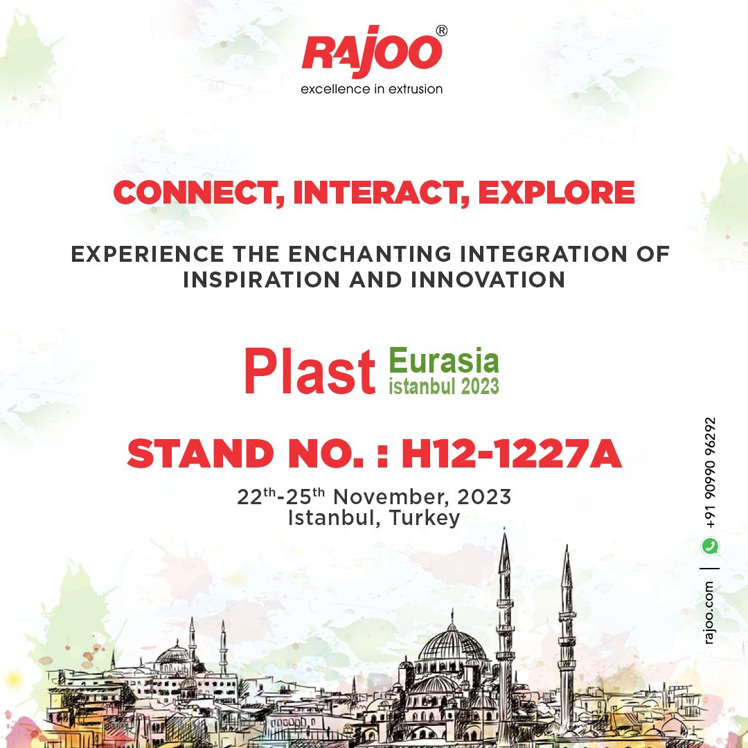 Immerse yourself in a world of possibilities at PlastEurasia 2023 Expo, where innovation and inspiration converge seamlessly. Connect with industry pioneers, interact with cutting-edge technologies, and explore the future of plastics. Experience the enchanting integration of ideas, paving the way for a transformative journey in the realm of innovation.<br /><br />Don't miss this opportunity to be at the forefront of progress in plastic manufacturing.<br /><br />22nd-25th November, 2023<br />Stand no: H12-1227A<br />Istanbul, Turkey<br /><br />#PlastikİstanbulFuarı2023 #PlastikSanayi #TüyapFuar #Kozmetik #Sürdürülebilirlik #PlastEurasiaİstanbulFair2023 #PlasticIndustry #TüyapFair #cosmetic #sustainability #extrusionmold #pvcwindowmold #wpcmold #extrusion #extrusionline #RajooEngineers #Rajkot #PlasticMachinery #Machines #PlasticIndustry