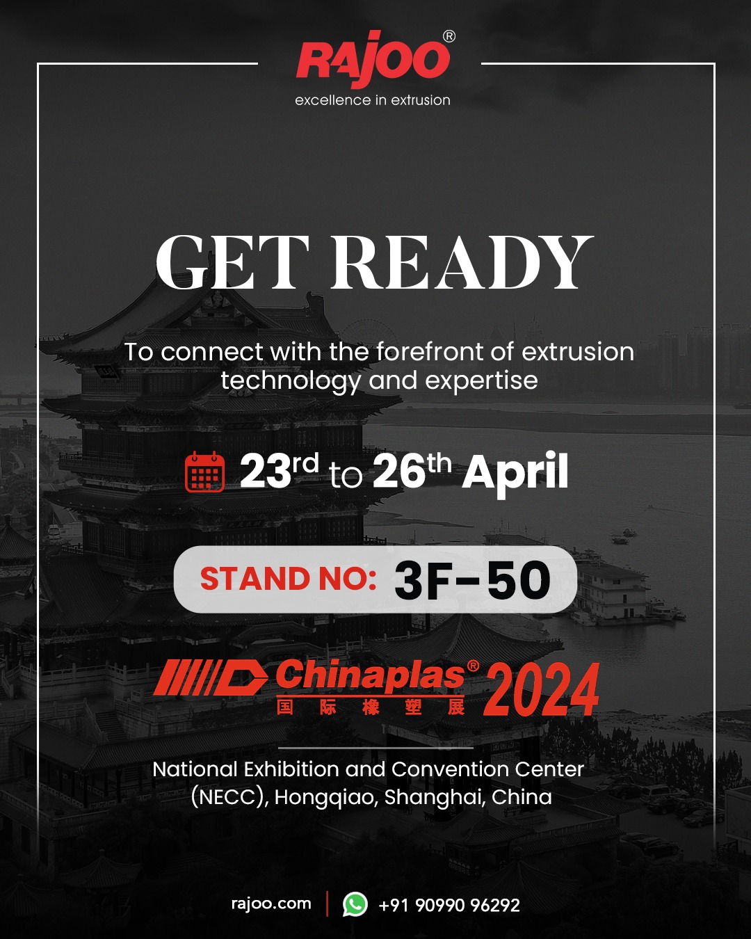 Step into the future of extrusion innovation and expertise! Visit us at the Expo to explore cutting-edge technology and connect with industry leaders. Discover how we're revolutionizing extrusion to shape a brighter tomorrow.<br /><br />Elevate your understanding and possibilities with us at the forefront of excellence.<br /><br />Date: 23rd to 26th April<br />Stand no: 3F-50<br />National Exhibition and Convention Center (NECC),<br />Hongqiao, Shanghai, China<br /><br />#ChinaPlas #Shanghai #Extrusion #PlasticExhibition #Precision #Excellence #RajooEngineers #Rajkot #PlasticMachinery #Machines #plasticindustry