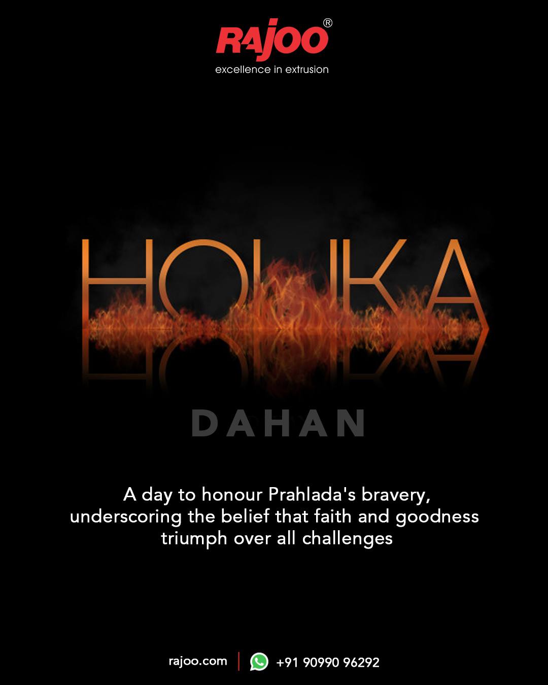 Celebrate the spirit of Holika Dahan by remembering Prahlada's bravery and the enduring triumph of faith over adversity. Let us gather to witness the flames illuminate the victory of goodness over all challenges.<br /><br />#HolikaDahan #Holika #HolikaDahan2024 #Bonfire #Festival #Excellence #RajooEngineers #Rajkot #PlasticMachinery #Machines #plasticindustry