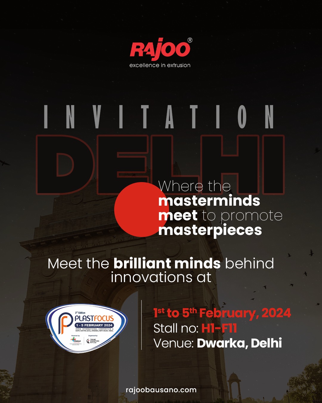 Embark on a journey of innovation at our expo stall, where masterminds converge to showcase and promote their groundbreaking masterpieces. Visit us and meet the brilliant minds behind our cutting-edge innovations. Explore the future with our experts, shaping tomorrow's possibilities.<br /><br />Visit our stall and be part of the visionary experience!<br /><br />Date: 1st - 5th February 2024<br />Visit us at: Stand: H1-F11<br />Venue: Dwarka, New Delhi<br /><br />#Plastfocus2024 #RajooEngineers #ExperienceTheExcellence #RajooEngineers #Rajkot #PlasticMachinery #Machines #PlasticIndustry