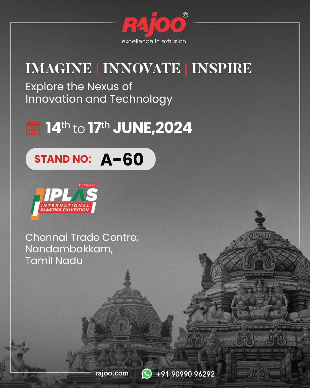 Embark on a journey of ingenuity at our exhibition booth, where the art of extrusion meets the cutting-edge realm of innovation and technology.<br /><br />Explore, envision, and be inspired as we shape the future together.<br /><br />14th to 17th June, 2024<br />Stand No: A60<br />Chennai Trade Centre, Nandambakkam,<br />Tamil Nadu<br /><br />#IPLAS2024 #PlasticsExhibition #Chennai #Extrusion #Rajkot #PlasticMachinery #Machines #PlasticiIndustry #RajooEngineers