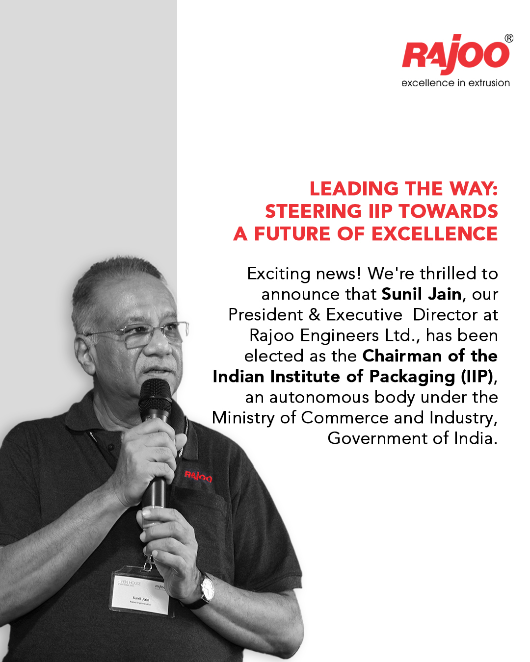 We are delighted to share the momentous news that Mr. Sunil Jain, our esteemed President at Rajoo Engineers Ltd., has been elected as the Chairman of the Indian Institute of Packaging (IIP). This esteemed autonomous body, operating under the Ministry of Commerce and Industry, Government of India, focuses on enhancing packaging standards within the nation. Mr. Jain's visionary leadership is poised to elevate IIP to unprecedented levels of excellence.<br /><br />#SunilJain #RajooEngineers #IIPChairman #PackagingStandards #GovernmentofIndia #CommerceandIndustry #Congratulations #Visionary #Leadership #Excellence #Milestone #Achievement #Rajkot #PlasticMachinery #Machines #plasticindustry<br /><br />Sunil Jain Chakravarthi Avps Makrand Appalwar Manoj Teluguntla Chandrashekhar Amberkar