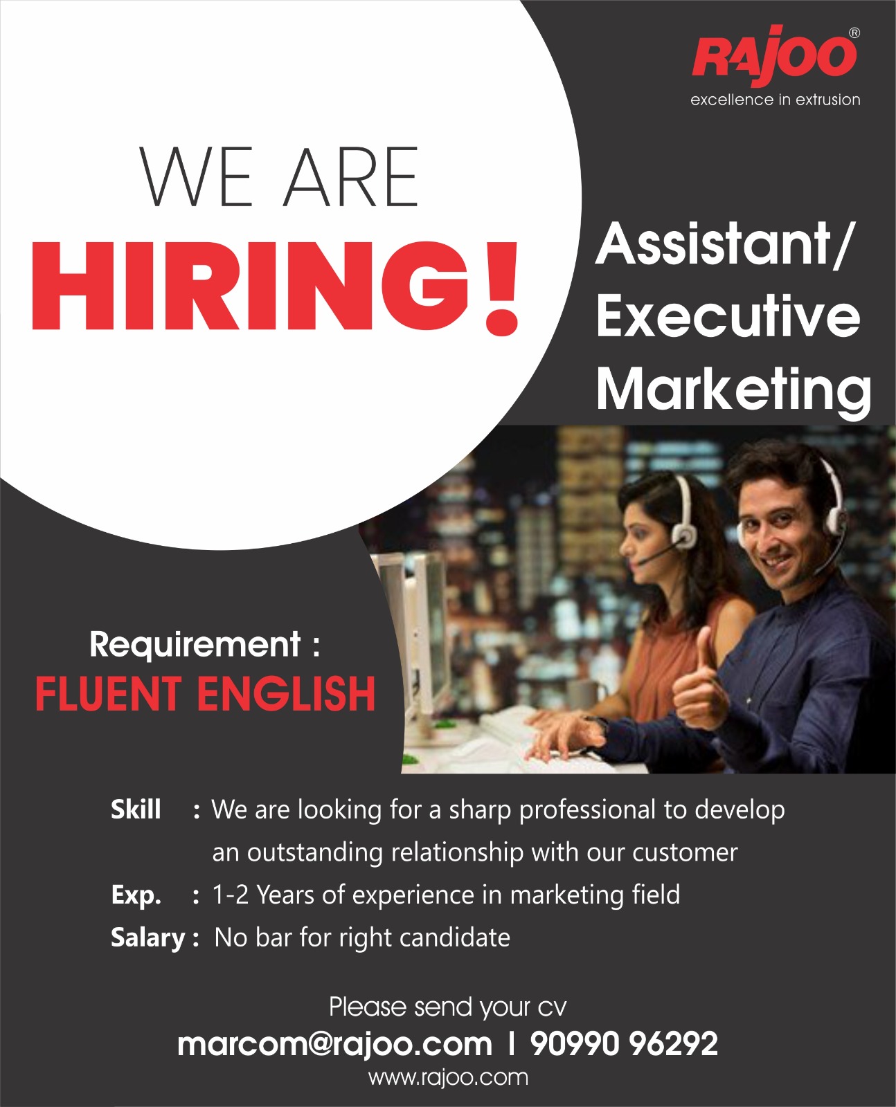 #WeAreHiring<br /><br />We're actively seeking a talented individual to fill the role for Assistant/Executive Marketing. If you're a dedicated professional ready to explore new horizons, and your skills align with this opportunity, we invite you to reach out.<br /><br />Interested candidates may apply using the contact details given!<br /><br />Send your cv to:<br />marcom@rajoo.com | 90990 96292<br /><br />#NowHiring #WeAreHiring #JobOpening #Career #Opportunity #RajooEngineers