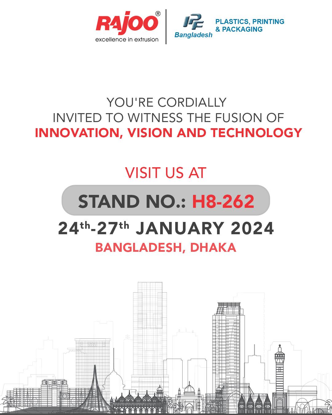 Step into the future as we unveil the seamless fusion of innovation, vision, and technology at the upcoming expo. Visit us for an exclusive showcase, where we redefine possibilities. Your presence is the key to unlocking limitless potential.<br /><br />See you there!<br /><br />Date: 24th January to 27th January, 2024<br />Stand No: H8-262<br />Venue: Dhaka, Bangladesh<br /><br />#Plastics #Printing #Packaging #Bangladesh #IndustryEvent #Networking #Innovation #IPF2024 #RajooEngineers #Rajkot #PlasticMachinery #Machines #PlasticIndustry