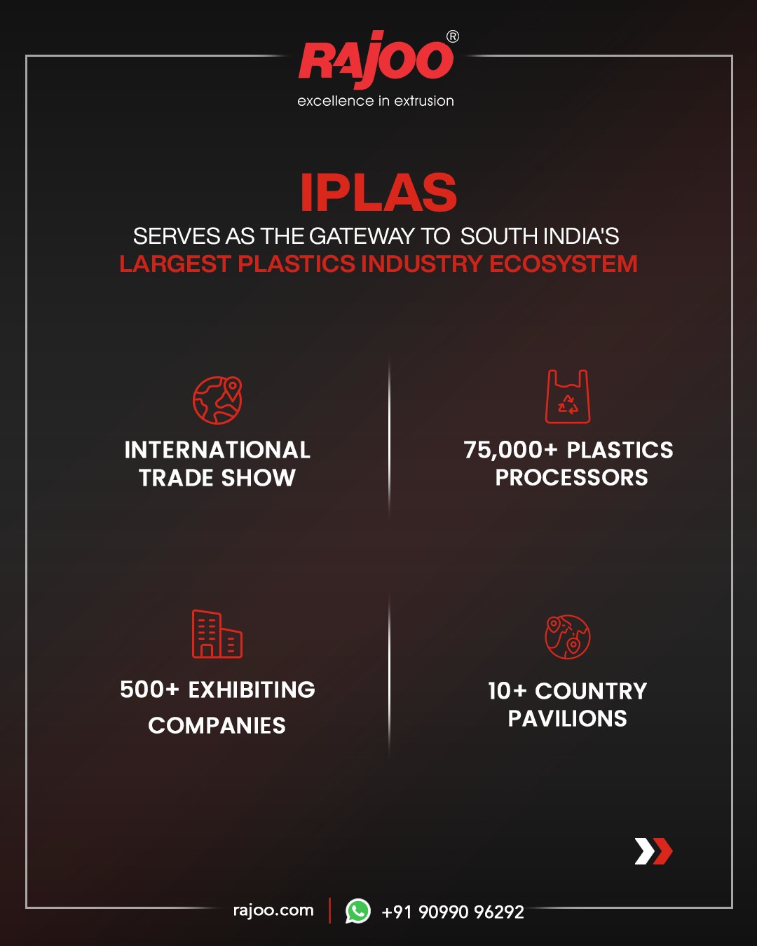 Excited to be part of IPLAS Expo, the hub of South India's plastics industry. With 75,000+ processors, 500+ exhibitors, and 10+ country pavilions, it's where our extrusion company connects with global networks and industry leaders.<br />Don't miss the opportunity to connect with us at our booth!<br />14th to 17th June, 2024<br />Stand No: A60<br />Chennai Trade Centre, Nandambakkam, Tamil Nadu<br />#IPLAS2024 #PlasticsExhibition #Chennai #Extrusion #Rajkot #PlasticMachinery #Machines #PlasticiIndustry #RajooEngineers