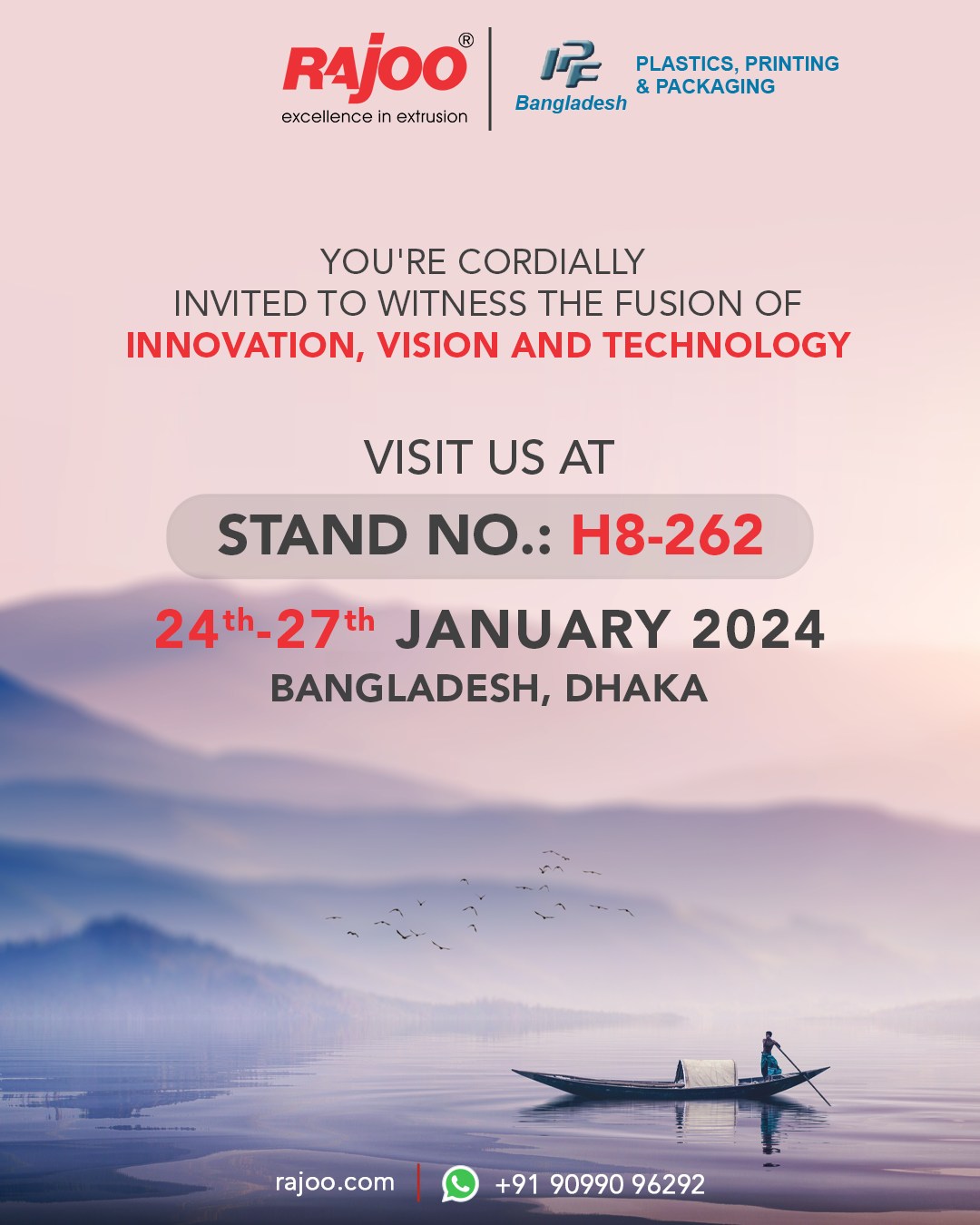 Discover a groundbreaking blend of creativity, foresight, and technology at our upcoming expo. Join us for an exclusive exhibition, where we reshape what's possible. Your attendance is crucial in unlocking endless opportunities.<br /><br />Don't miss out on this chance to witness the future firsthand.<br /><br />Date: 24th January to 27th January, 2024<br />Stand No: H8-262<br />Venue: Dhaka, Bangladesh<br /><br />#Plastics #Printing #Packaging #Bangladesh #IndustryEvent #Networking #Innovation #IPF2024 #RajooEngineers #Rajkot #PlasticMachinery #Machines #PlasticIndustry