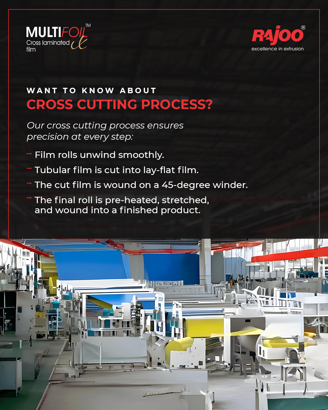 From roll to precision: our cross-cutting process delivers perfect lay-flat film every time. With attention to detail and quality control, we ensure your finished product meets the highest standards.<br /><br />#Multifoil #RajooEngineers #ExcellenceinExtrusion #Rajkot