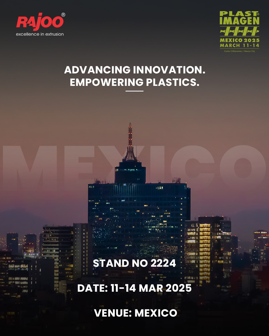 We’re setting the stage for innovation at PLAST IMAGEN 2025! Visit us at Stand No. 2224 from March 11–14 in Mexico and witness groundbreaking solutions designed to shape the future of plastics.<br /><br />Let’s connect, collaborate, and create possibilities that move the industry forward.<br /><br />#PlastImagen #Mexico #excellenceinextrusion #RajooEngineers #Rajkot