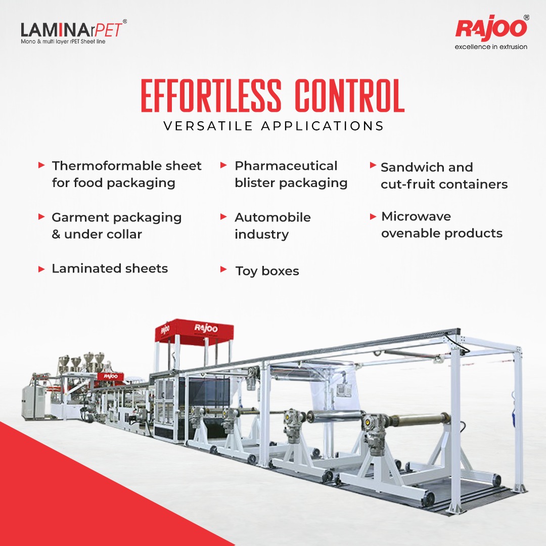 With user-friendly controls and indicators at every station, Lamina rPET ensures easy monitoring of critical parameters. From food and pharmaceutical packaging to automotive and toy box applications, its versatility and precision make it the ideal solution for a wide range of industries.<br /><br />#LaminaRpet #RajooEngineers #Rajkot #ExcellenceinExtrusion