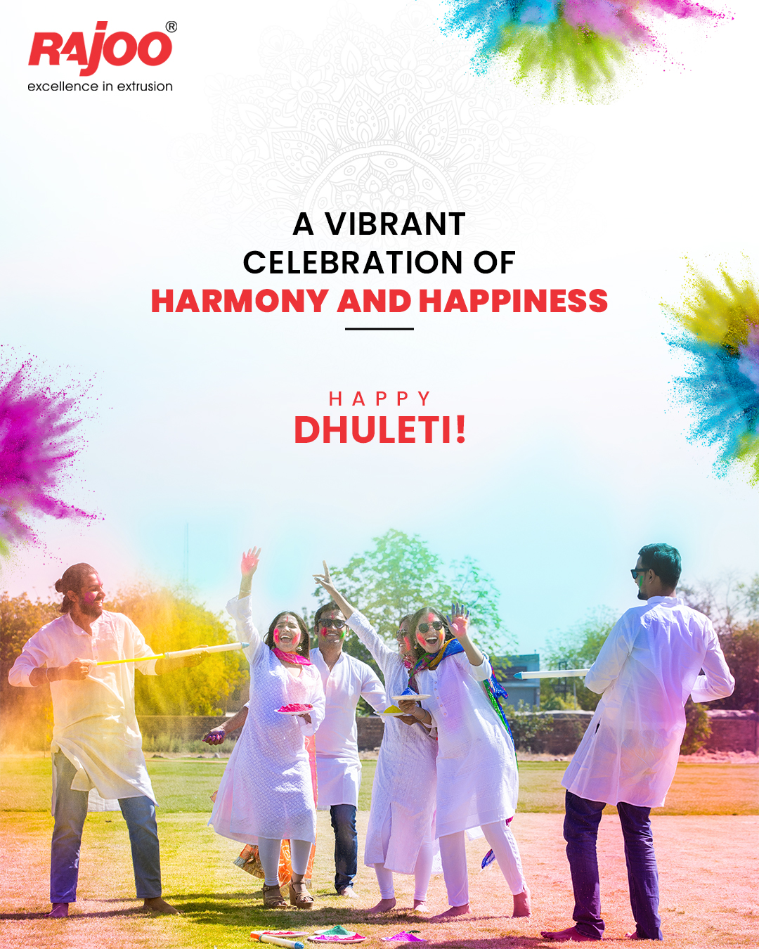 Let the colours of Dhuleti brighten your day and strengthen the bonds of joy and togetherness. Wishing you a vibrant and cheerful celebration!<br /><br />#HappyDhuleti #HappyHoli #Holi2025 #Festivalofcolours #RajooEngineers