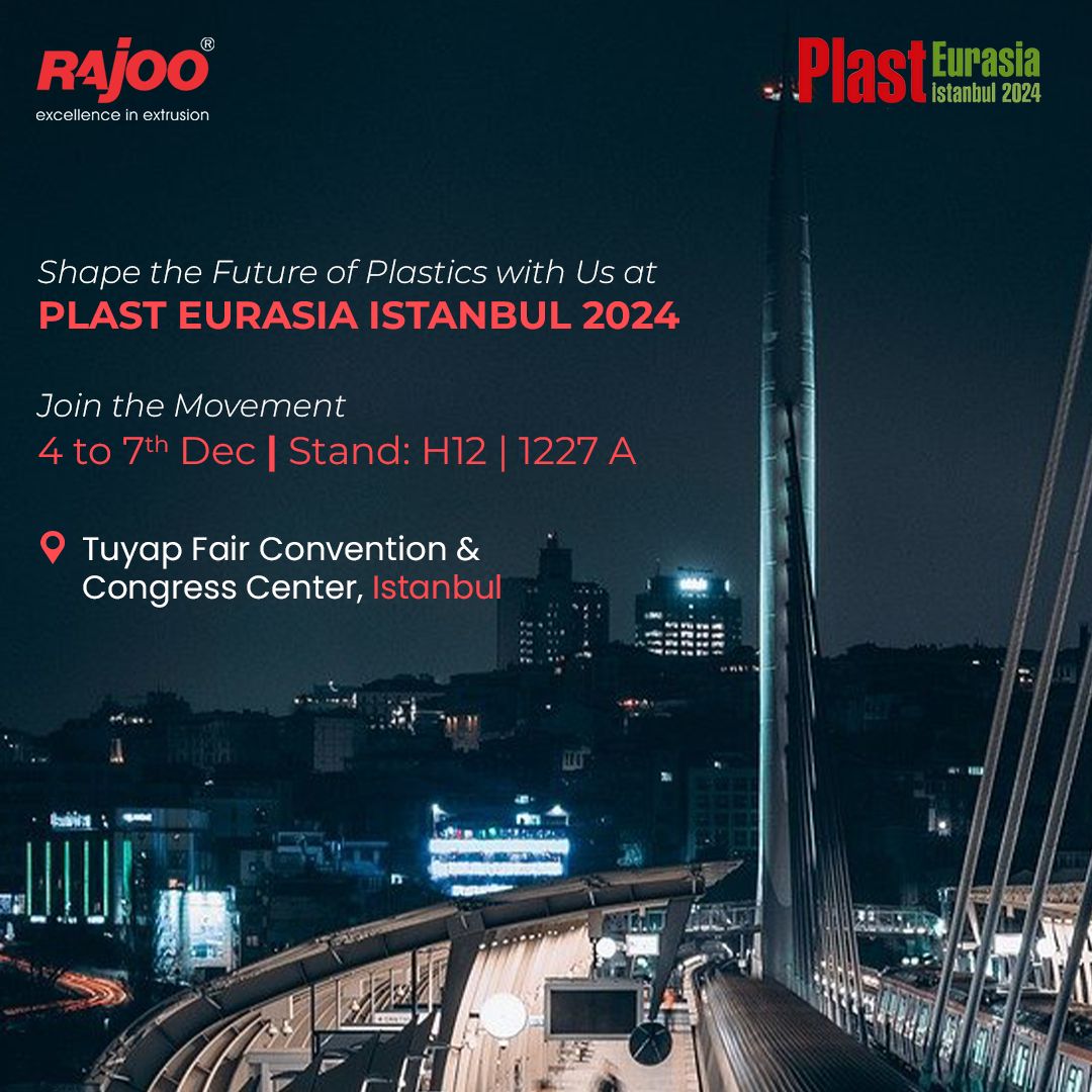 The countdown is on! ⏳ Join us in Istanbul from December 4-7 at Stand H12 | 1227 A for the latest in cutting-edge extrusion technology. Let’s shape the future together at the Tuyap Fair Convention & Congress Center.<br /><br />🗓️December 4-7<br />📍Stand H12|1227 A<br />Tuyap Fair Convention & Congress Center, Istanbul<br /><br />#RajooEngineers #PlastEurasia2024 #PackagingInnovation #ExtrusionTechnology #SustainablePackaging