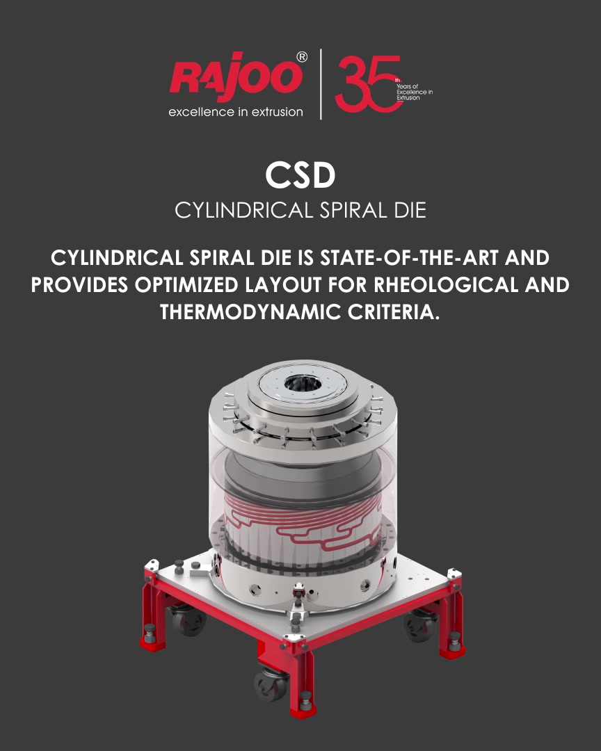 CSD- Cylindrical Spiral Die (bottom fed vertical cylindrical spiral system)Number of overlaps are almost unlimited, thus imparting excellent thickness distribution with a broad range of operating parameters. Melt streams are designed and merged according to the specific flow behavior of polymers. It is compact in design with low axial forces.

#RajooEngineers #Rajkot #PlasticMachinery #Machines #PlasticIndustry