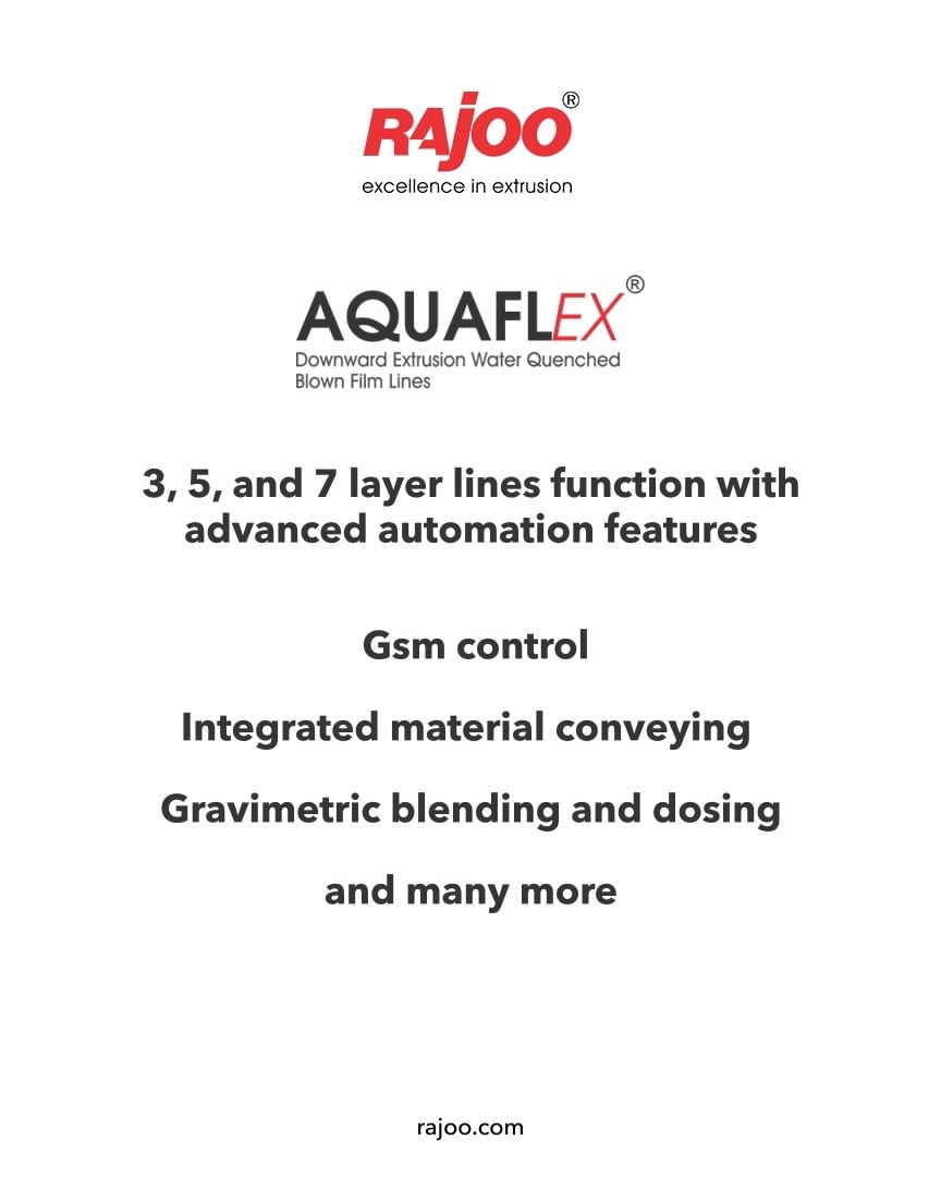 The 3, 5, and 7 layer lines are available with oscillating haul-off with advanced automation features like integrated material conveying, gsm control, gravimetric blending, and dosing.

For more information,
Visit our website,
https://www.rajoo.com/aquaflex.html
.
.
.
#RajooEngineers #Rajkot #PlasticMachinery #Machines #PlasticIndustry