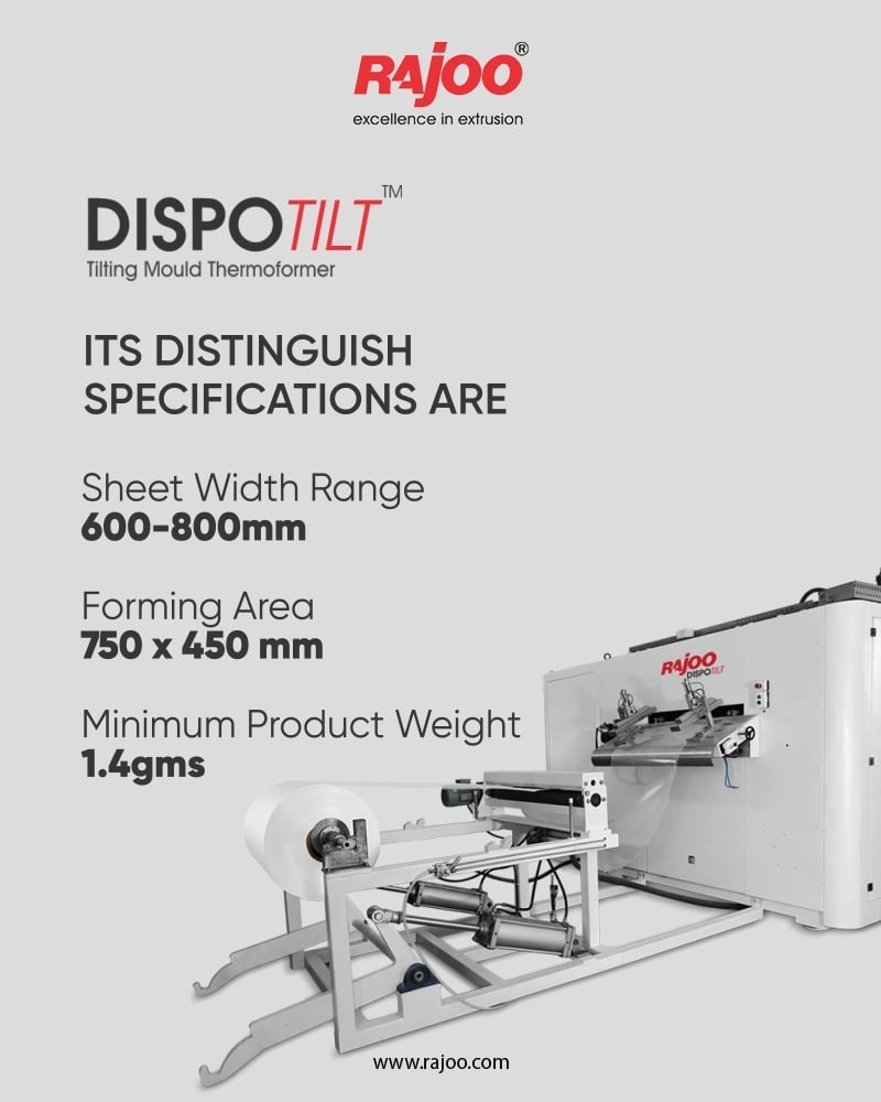 DISPOTILT the versatile thermoformer, its unique specifications, and the remarkable features mechanized make it stand out from others. 

For more information,
Visit our website,
https://www.rajoo.com/dispotilt.html
.
.
.
#RajooEngineers #Rajkot #PlasticMachinery #Machines #PlasticIndustry