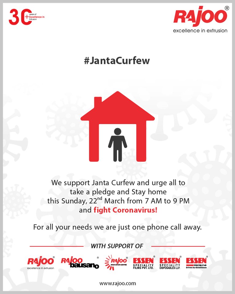 We support Janta Curfew and urge all to take a pledge and Stay home this Sunday, 22nd March from 7 AM to 9 PM and fight Coronavirus!

#IndiaFightsCorona #JantaCurfew #JantaCurfew2020 #Coronavirus #RajooEngineers #Rajkot #PlasticMachinery #Machines #PlasticIndustry https://t.co/IYtVQkk20z