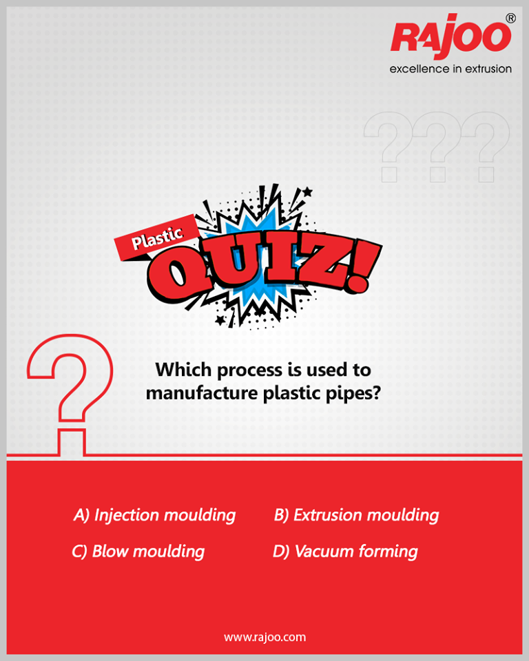 #PlasticQuiz

Which process is used to manufacture plastic pipes?

#RajooEngineers #Rajkot #PlasticMachinery #Machines #PlasticIndustry https://t.co/1Q2gcV8yfR