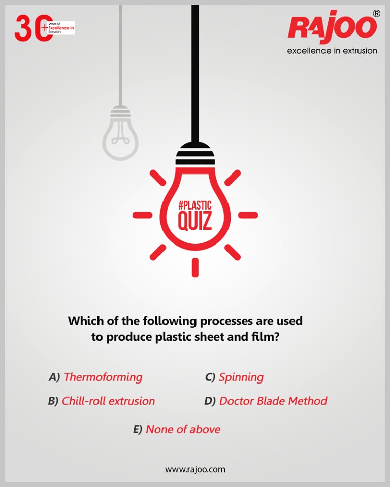 Which of the following processes are used to produce plastic sheet and film?

Do you know the correct answer? Let us know in the comments below!

#PlasticQuiz #RajooEngineers #Rajkot #PlasticMachinery #Machines #PlasticIndustry https://t.co/R7yCek2Z9A