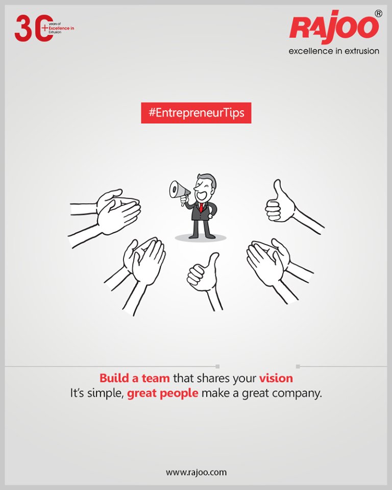 #EntrepreneurTips
Build a team that shares your vision
It’s simple: great people make a great company. The people you hire are the ones who will help you move forward in the longer run.

#RajooEngineers #Rajkot #PlasticMachinery #Machines #PlasticIndustry https://t.co/CSkngPV9Yp