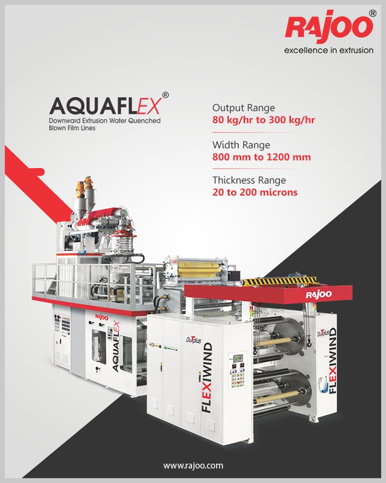 AQUAFLEX - Downward Extrusion Water Quenched Blown Film Lines has an output range of 80 kg/hr to 300 kg/hr, a width range of 800 mm to 1200 mm, and a thickness range of 20 to 200 microns.

#RajooEngineers #Rajkot #PlasticMachinery #Machines #PlasticIndustry https://t.co/Pm9h6FhCDK
