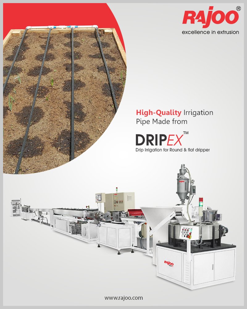 Rajoo Engineer's Drip Irrigation Extrusion Systems - with servo driven dripper insertion device for pipe OD ranging from 12 to 20mm at max output 300kg/hours and max line speed 150mpm.

#RajooEngineers #Rajkot #PlasticMachinery #Machines #PlasticIndustry https://t.co/yIBuECObUd