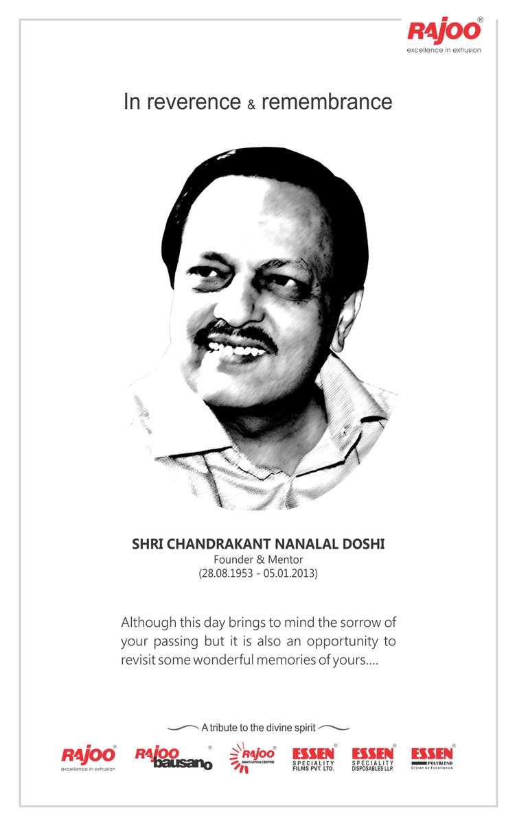 He Masterminded the all-round growth witnessed by Rajoo. It was his impeccable vision that guided the company to such unprecedented heights.

Remembering our Founder & Mentor who is guiding us from Heaven, Shri. C N Doshi

#TributEx #RajooEngineers #Rajkot #PlasticMachinery https://t.co/3I2hmxFWMl