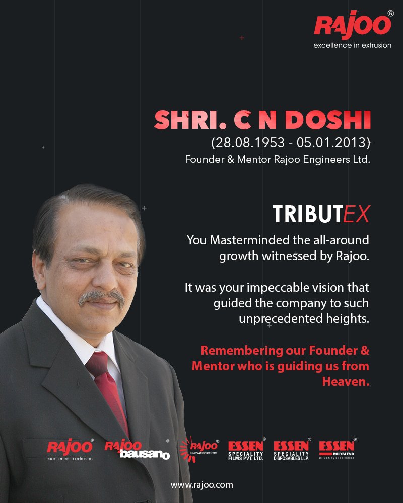 He Masterminded the all-round growth witnessed by Rajoo. It was his impeccable vision that guided the company to such unprecedented heights.

Remembering our Founder & Mentor who is guiding us from Heaven, Shri. C N Doshi
#TributEx 

#RajooEngineers #Rajkot #PlasticMachinery https://t.co/p9SvtD9Usg