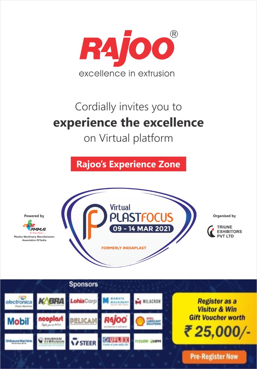 We cordially invite you to the inaugural ceremony of the most awaited biggest virtual event in the marketplace for the Global Plastic Industry.

#PlastFocus #RajooEngineers #Rajkot #PlasticMachinery https://t.co/aqNlonWTel
