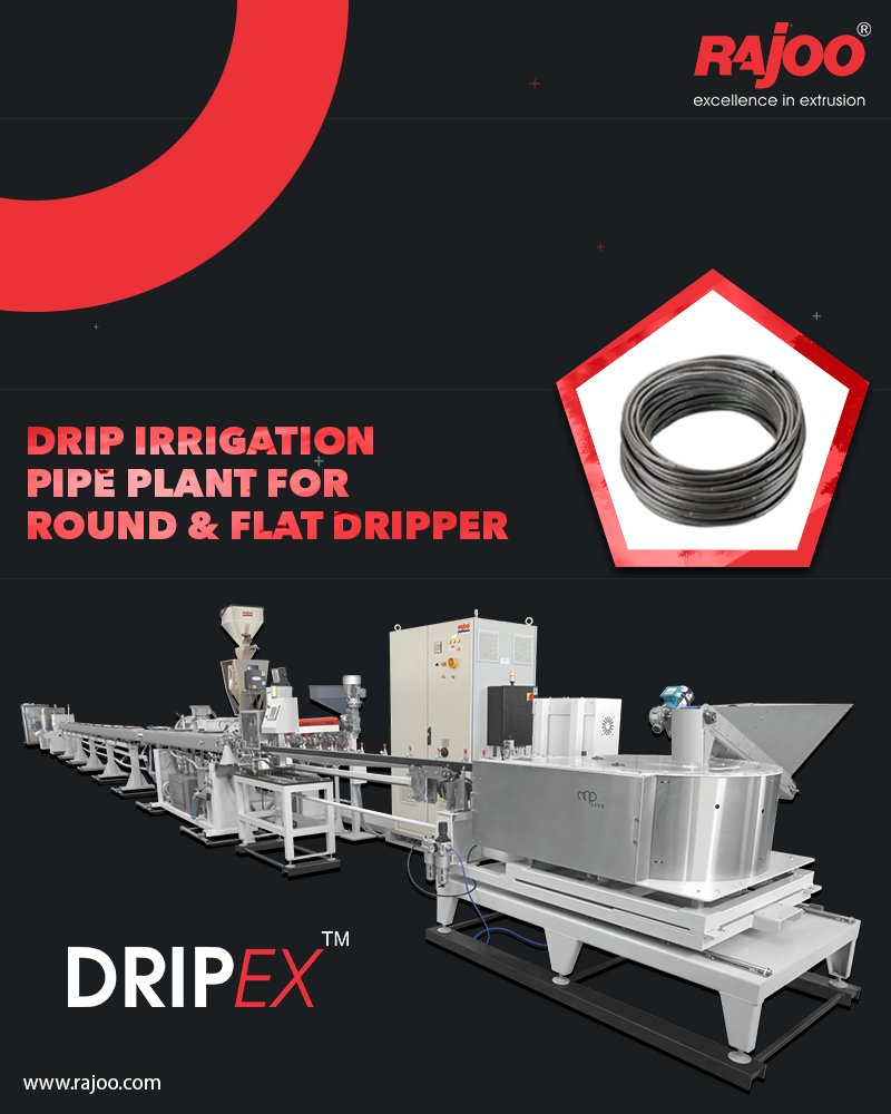 Dripex - Drip Irrigation Pipe Plant extruders are offered with direct-coupled motors, manual or hydraulic screen changer, two stainless steel Vacuum sizing tanks and a cooling system for precise water pressure.

#RajooEngineers #Rajkot #PlasticMachinery #Machines #PlasticIndustry https://t.co/NO402WW8Wi