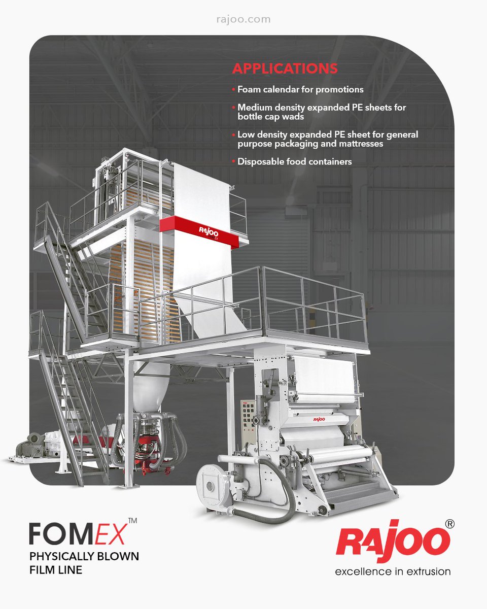 Rajoo Engineers Limited has done pioneering developments in polymer foam extrusion in India and has emerged as the only supplier for foam extrusion lines christened Fomex using both blown film and sheet extrusion process using either chemical or physical foaming.

#RajooEngineers https://t.co/kuxGFX0Ab5