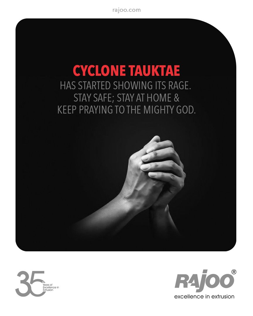 Cyclone Tauktae is the most intense Cyclone after the 1998 Porbandar Cyclone.
Rajoo Engineers urges everyone to stay home and stay prepared with an emergency cyclone preparedness kit.
#StayHomeStaySafe #CycloneTauktae #RajooEngineers #Rajkot #PlasticMachinery #Machines https://t.co/jz9lV4oUqt