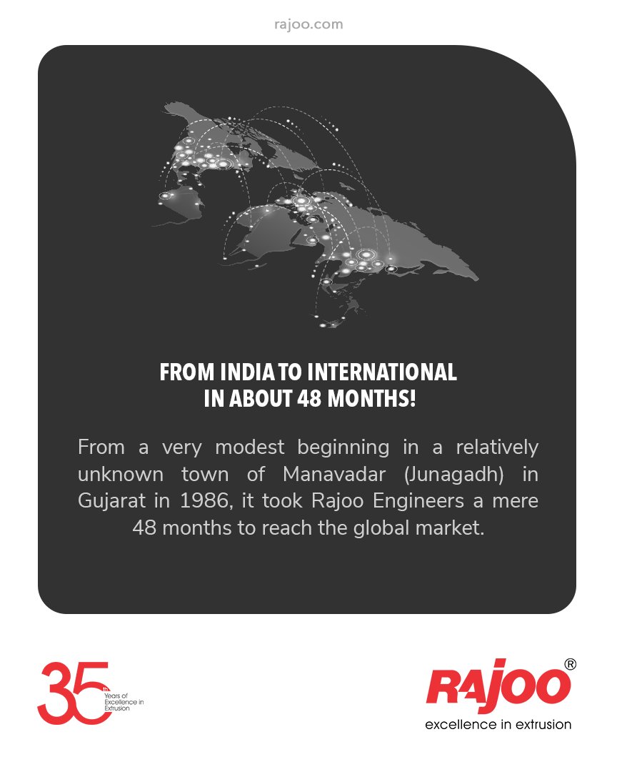From India to International in about 48 months!

From a very modest beginning in a relatively unknown town of Manavadar (Junagadh) in Gujarat in 1986, it took Rajoo Engineers a mere 48 months to reach the global market.

#RajooEngineers #Rajkot #PlasticMachinery #Machines https://t.co/jxjBO2d7iu