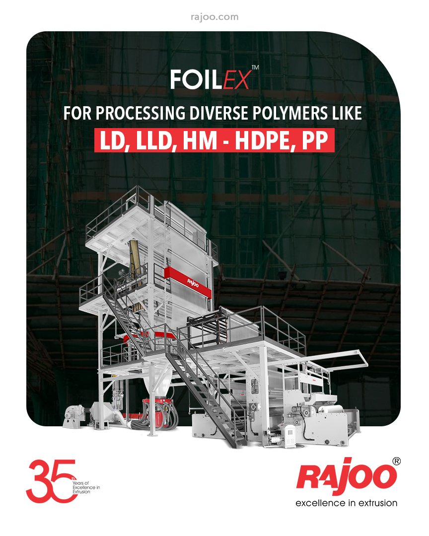 FOILEX - series of monolayer blown film lines are available with outputs ranging from 50 kg/hr to 1000 kg/hr and lay-flat widths ranging from 500 mm to 5000 mm for processing polymers as diverse as LD, LLD, HM - HDPE, PP.

#RajooEngineers #Rajkot #PlasticMachinery #Machines https://t.co/LL3OsbfmKN