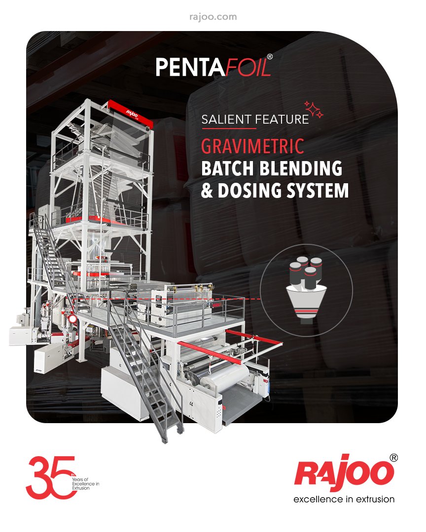 The 5 Layer Blown Film Lines, Pentafoil, by Rajoo Engineer comes equipped with Gravimetric Batch Blending & Dosing System

#RajooEngineers #Rajkot #PlasticMachinery #Machines #PlasticIndustry https://t.co/fDYags2sI5