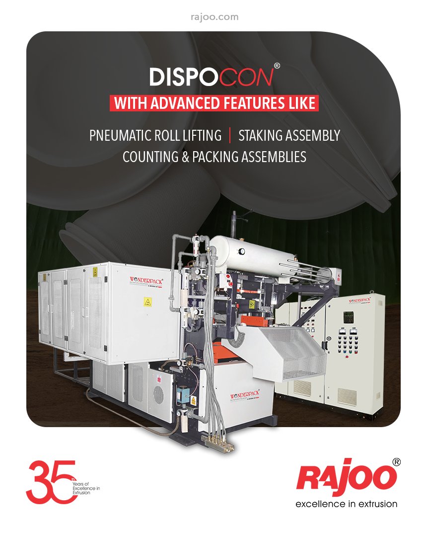 The PP/PS/PET Container Thermoformer from Rajoo Engineers, Dispcon, comes equipped with advanced features such as pneumatic roll lifting, staking assembly, counting & packing assemblies. 

#RajooEngineers #Rajkot #PlasticMachinery #Machines #PlasticIndustry https://t.co/cXoQ5TL0Id