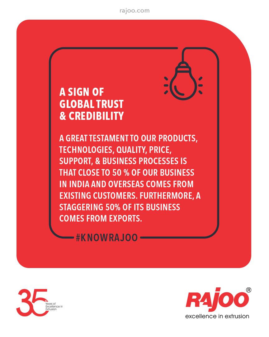 A great testament to our Products, Technologies, Quality, Price, Support, & Business Processes is that close to 50 % of our business in India and overseas comes from existing customers. Furthermore, a staggering 50% of its business comes from exports.

#KnowRajoo #RajooEngineers https://t.co/TmiirAy8Ru